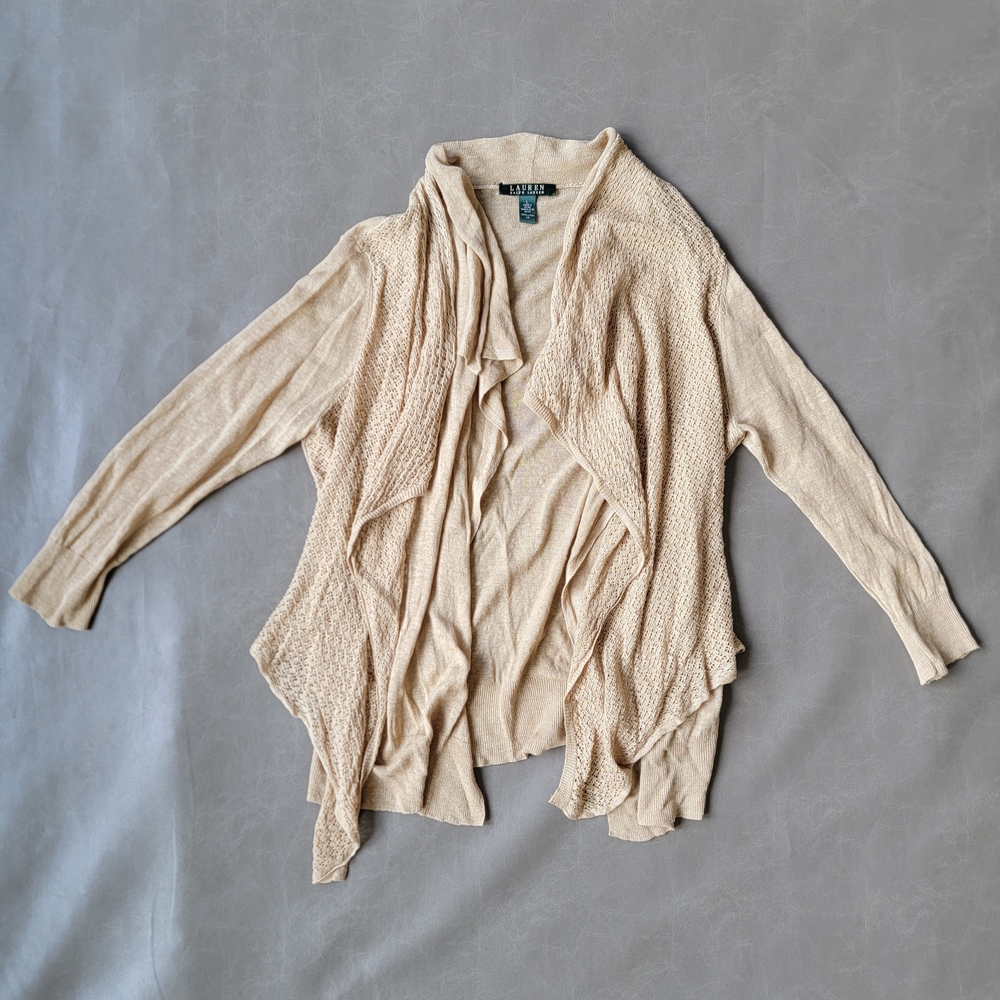 Ralph Lauren 100% Linen, Open Cardigan Sweater, Cream Tan, Size Large